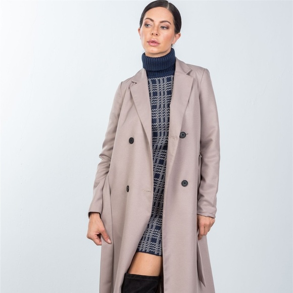 1left🎉🎉🎉Taupe Double Breasted Belted Long Coat - Picture 4 of 5